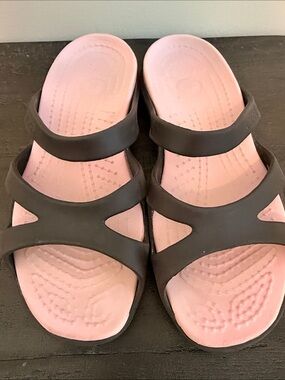CROCS Women’s Pink Footbed Sandals with Brown Straps